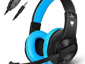 Gaming Headset, Kearui 3.5mm Wired Stereo Sound Over Ear [ One Key Mute ] Headphones with Noise Isolation Mic for Laptop/Tablet/Mobile Phones/PS4/Xbox one (Black & Blue)