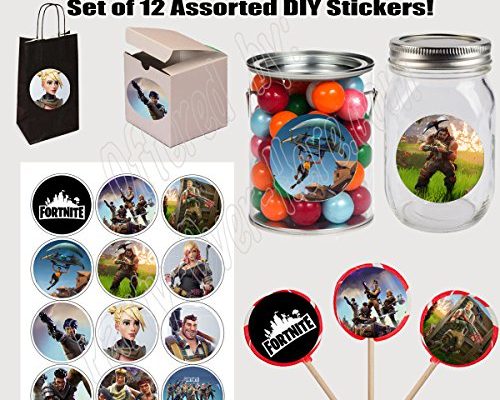 Fortnite Stickers, Large 2.5” Round Circle Stickers to place onto Party Favor Bags, Cards, Boxes or Containers -12 pcs, Fort Night