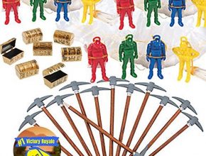 Battle Mode Gamer Party Favors for 12 - Pickaxe Pencils (12), MINI Treasure Chest (12), Paratrooper Toys with Parachutes (12) and Game Winner Party Sticker (Total 37 Pieces)