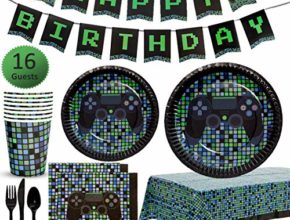 My Greca Video Game Party Supplies - Plates, Cups, Napkins, Happy Birthday Banner, Table Cover, Cutlery Set - Serves 16 - Fortnite Gamming Themed Birthday for Boys