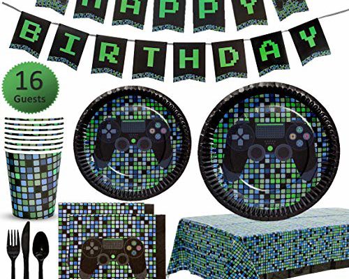 My Greca Video Game Party Supplies - Plates, Cups, Napkins, Happy Birthday Banner, Table Cover, Cutlery Set - Serves 16 - Fortnite Gamming Themed Birthday for Boys